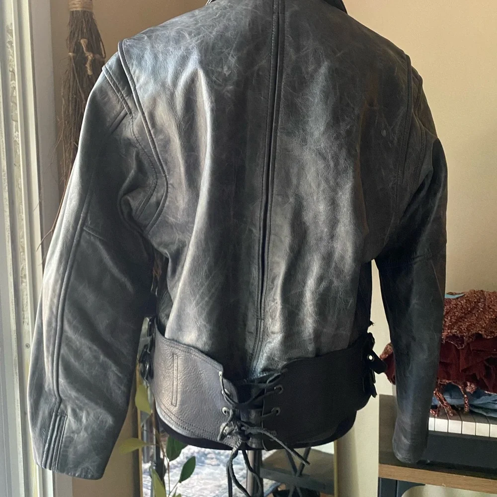 Womens distressed Harley Davidson leather moto jacket corset belt grey marled l - Picture 15 of 16